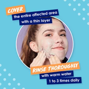 Person rubbing Clearasil face wash on face with instructions to cover and rinse