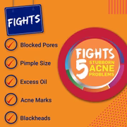 Clearasil graphic showing 5 acne problems: blocked pores, pimple size, excess oil, acne marks, blackheads